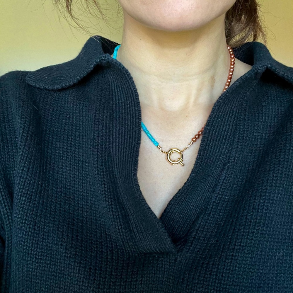 Turquoise and caramel pearl necklace with gold filled sailor clasp